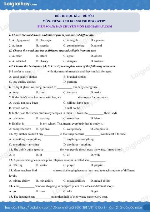 Đề thi học kì 2 Tiếng Anh 10 English Discovery - Đề số 3